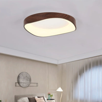 Dark wood-effect LED ceiling light close-up