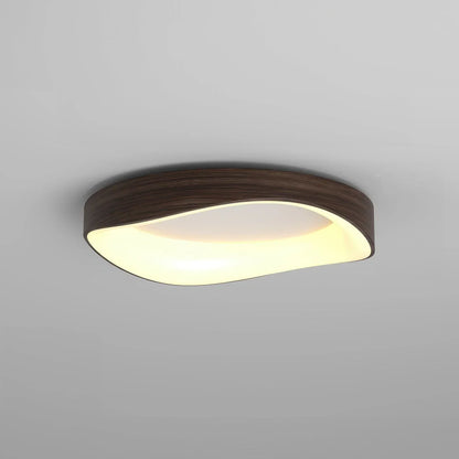 Dark wood-effect LED flush mount ceiling light viewed from below