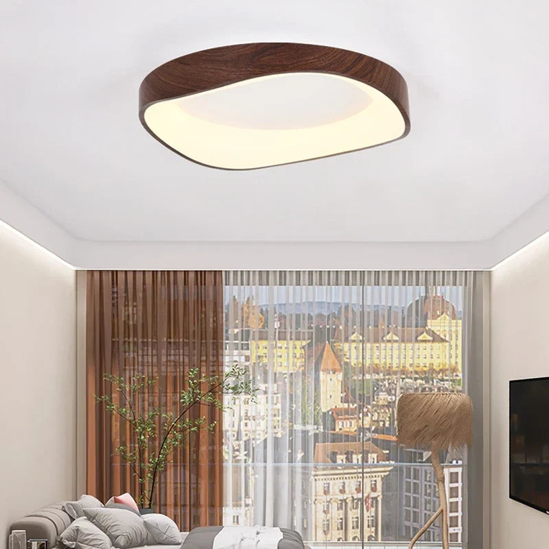 Dark wood-effect rounded square LED ceiling light in a living room