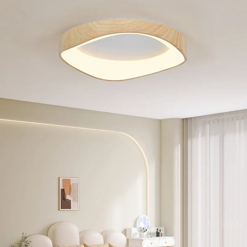 Light wood-effect LED ceiling light in a living area