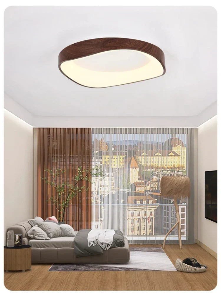 Dark wood-effect rounded square ceiling light above a sofa
