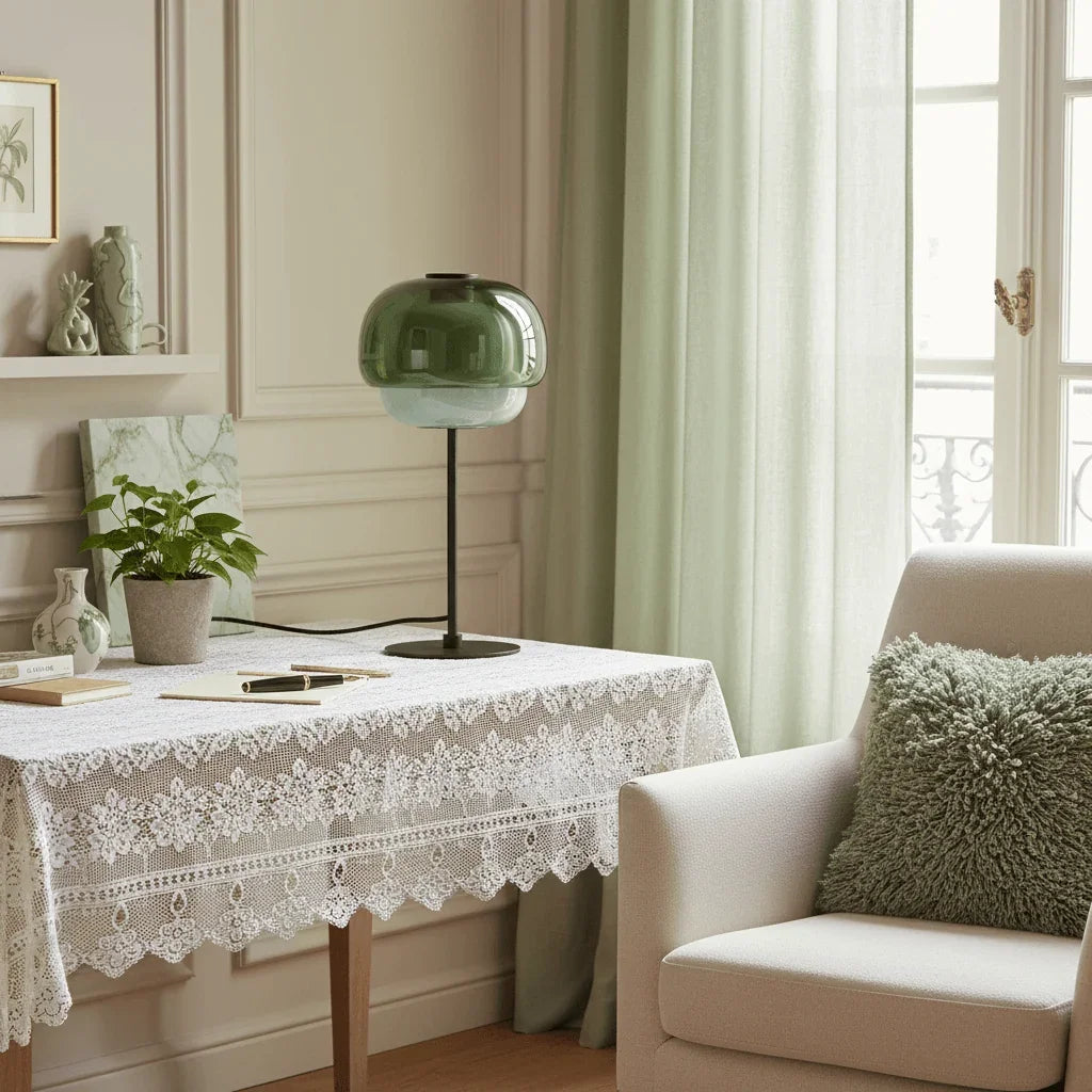 Grey green double-dome lamp in a living room