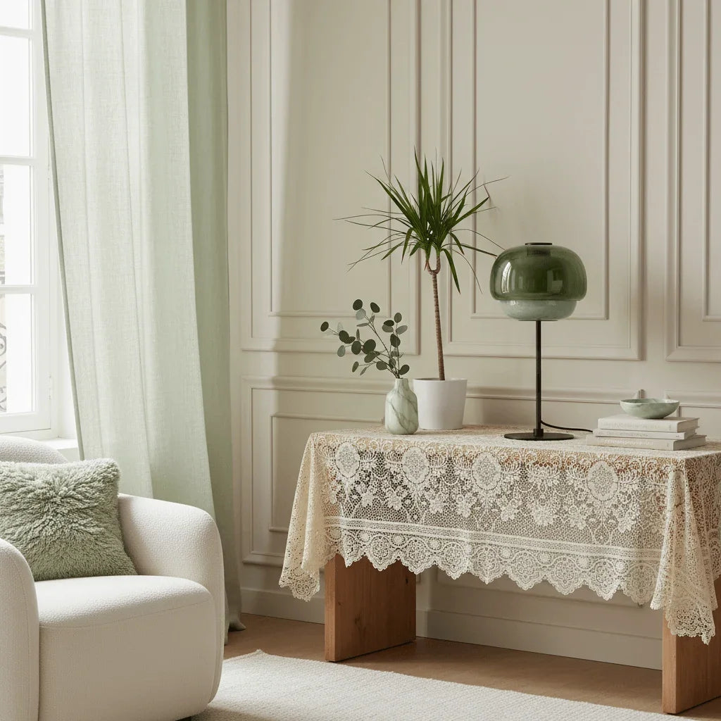 Grey green glass lamp beside plants and books