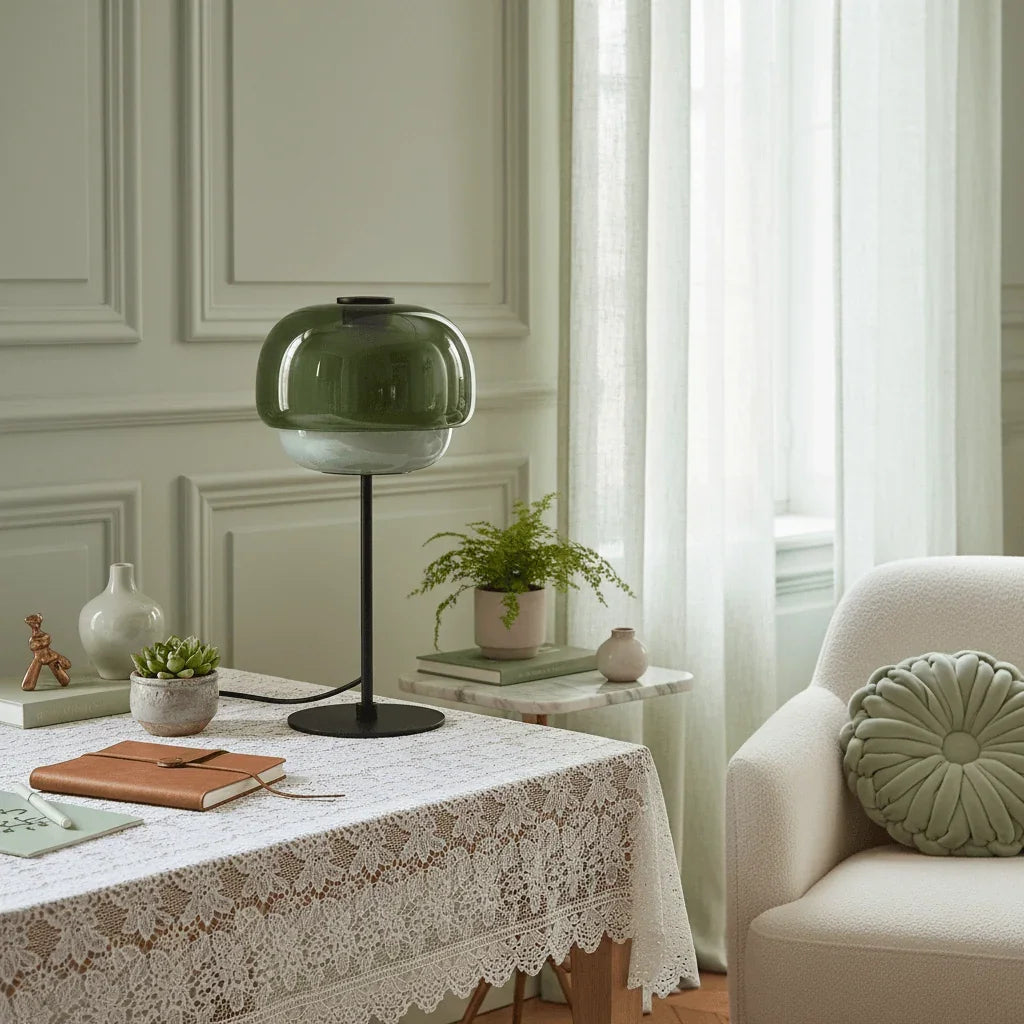 Grey green glass lamp on a lace-covered table