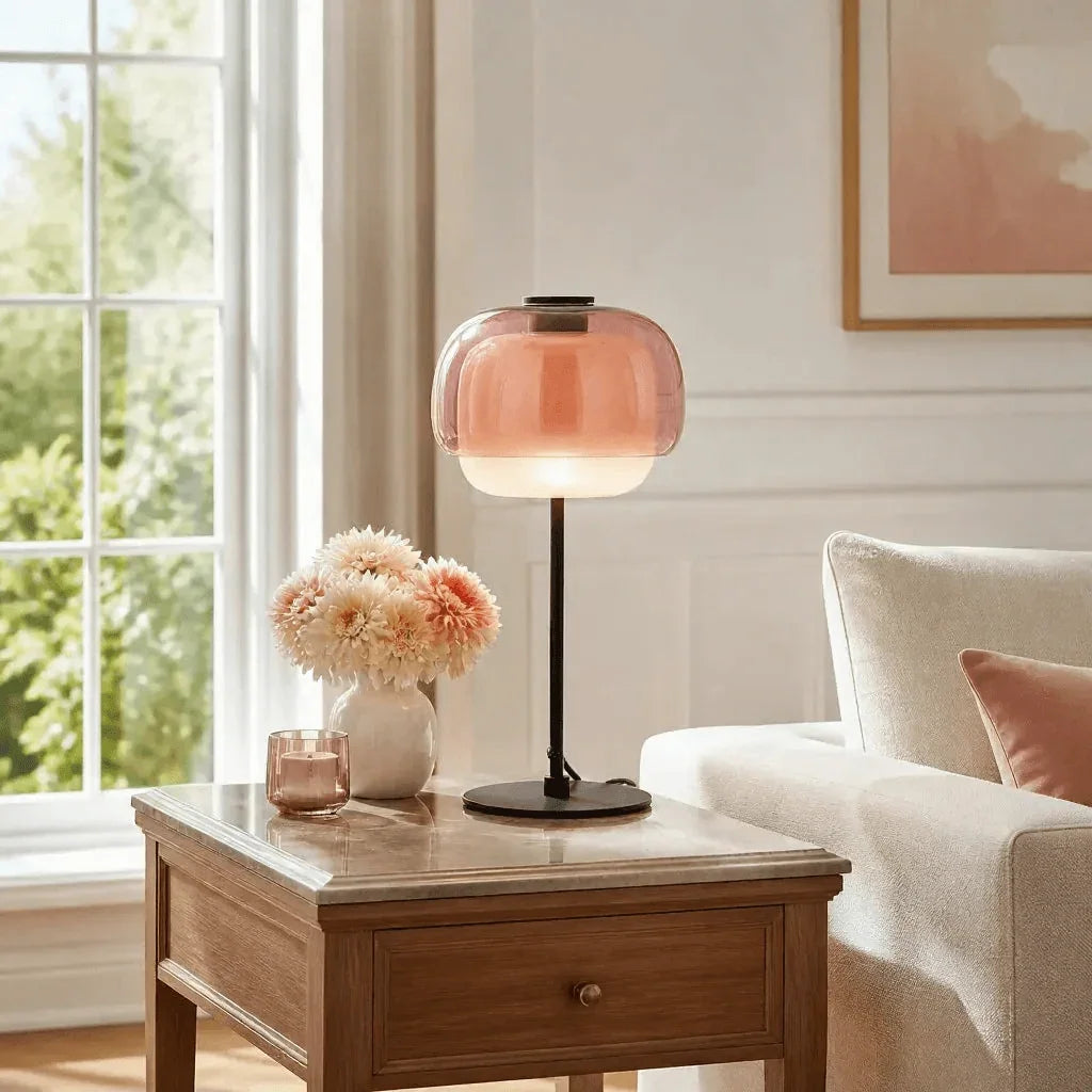 Blush retro glass lamp on a side table