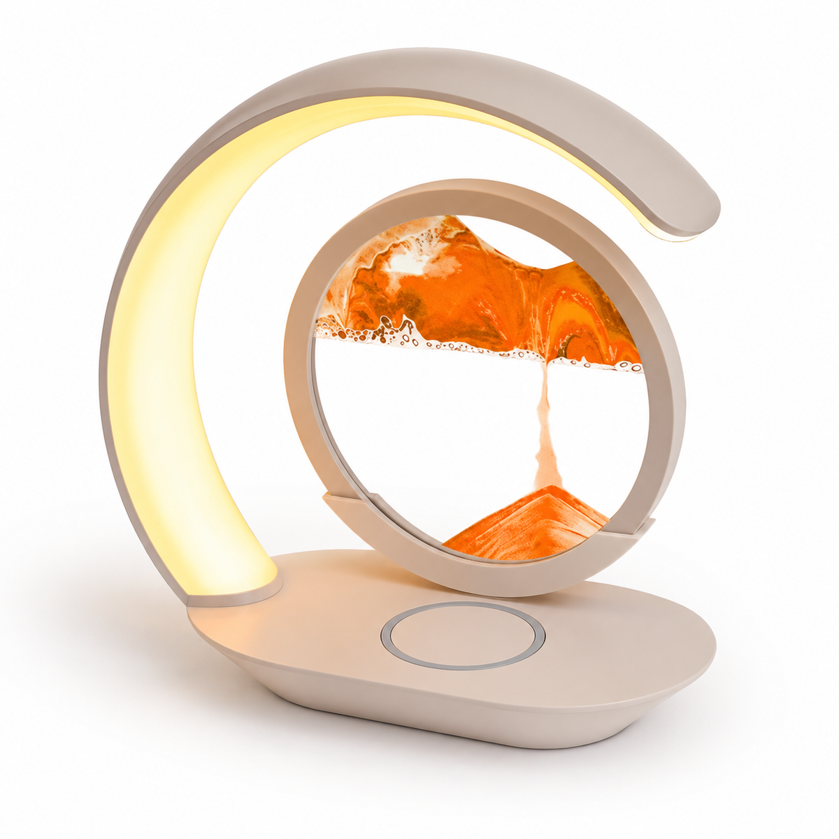 Curved LED table lamp with yellow flowing sand