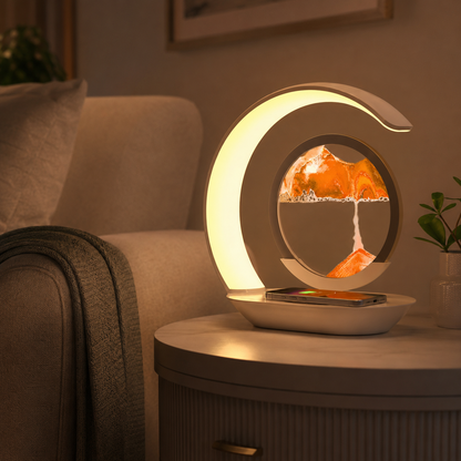 Warm illuminated sandscape lamp with yellow sand