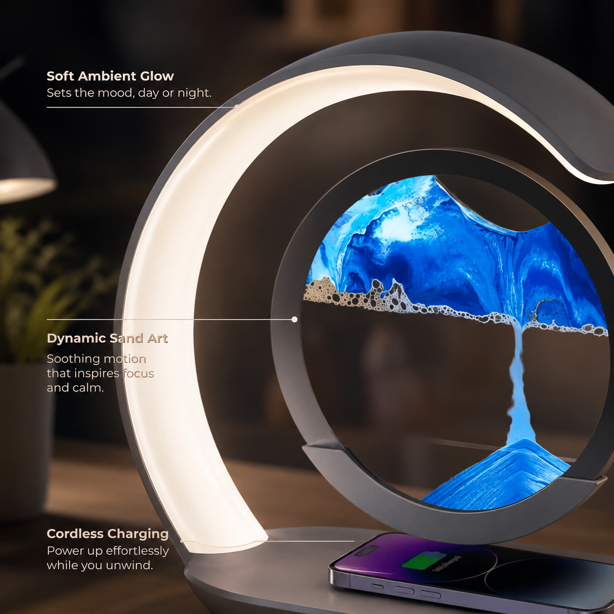 Blue sandscape lamp charging a phone on its base