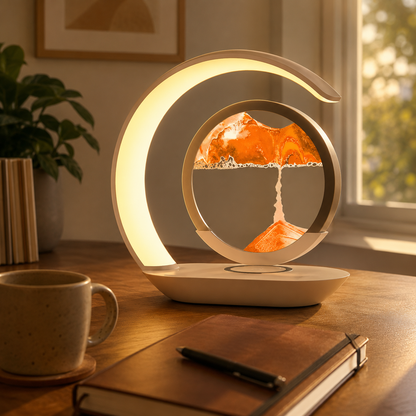 Curved sandscape LED lamp on a bedside table