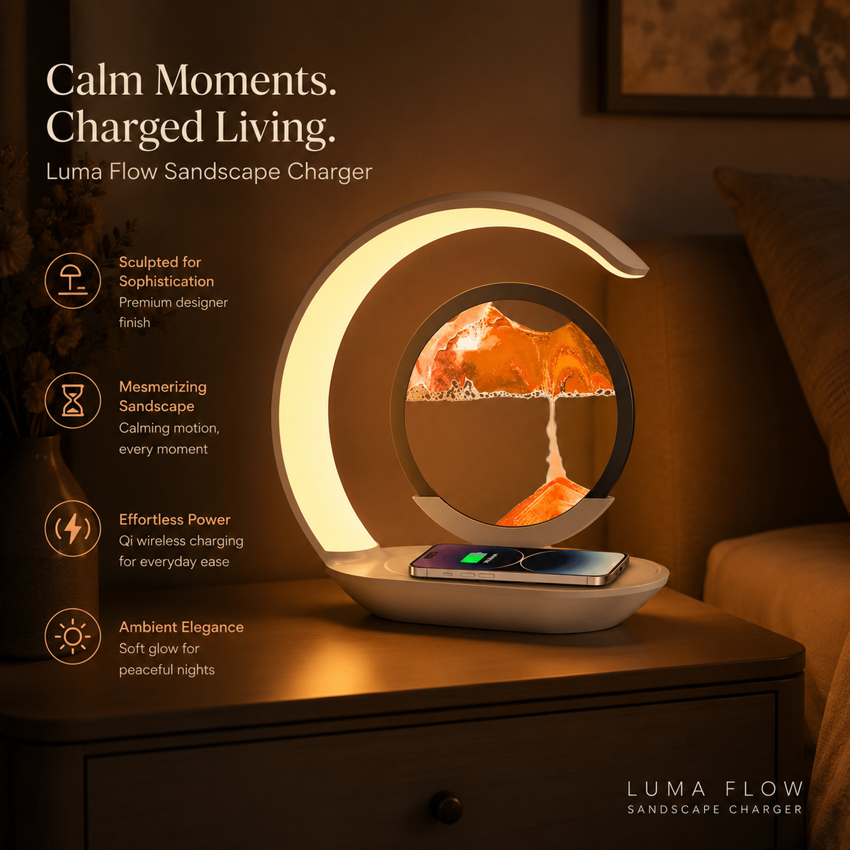 Sandscape lamp with wireless charging and flowing sand display