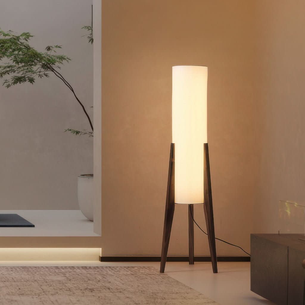 Scandinavian floor lamp with walnut tripod base and fabric shade