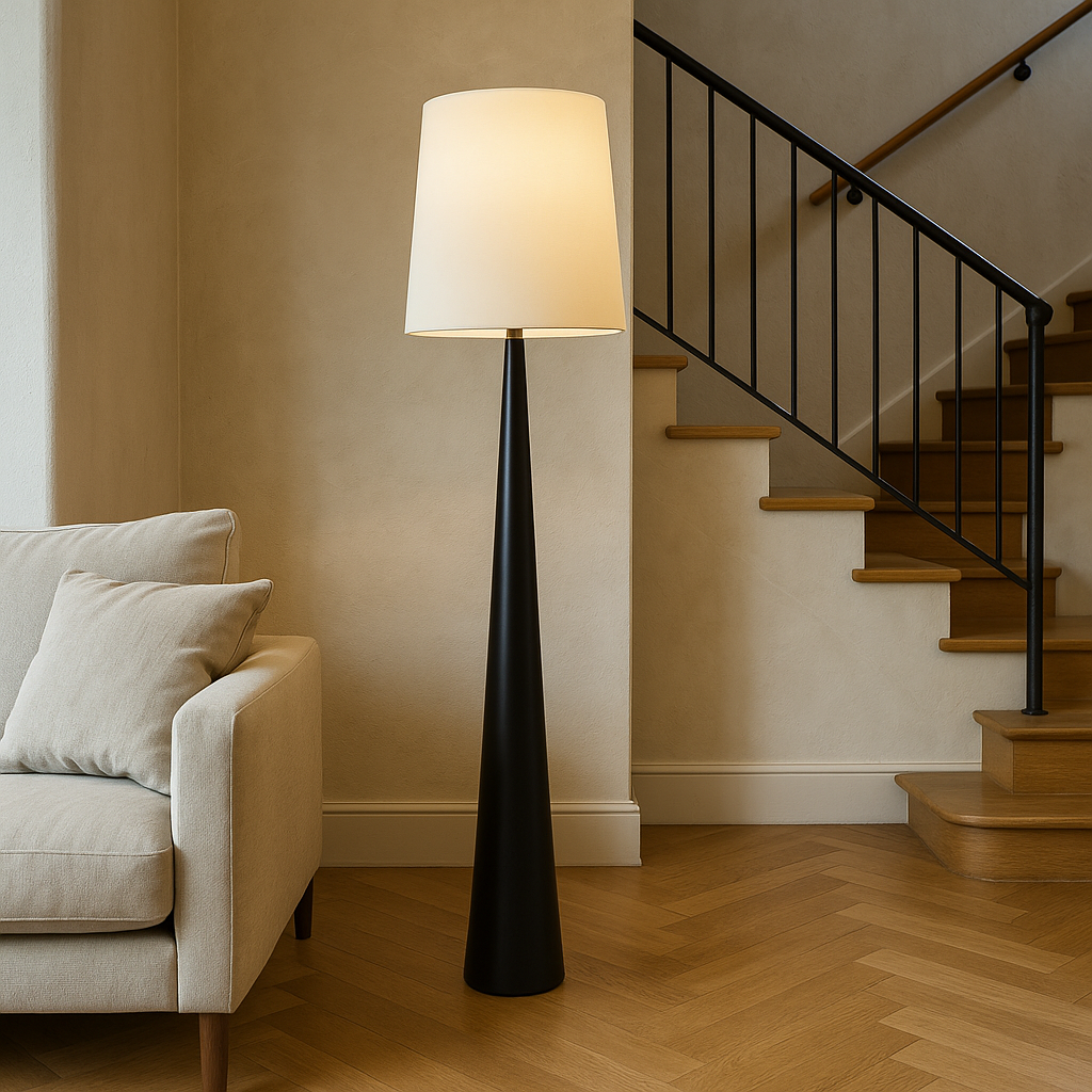 Black floor lamp with fabric shade beside a sofa and staircase