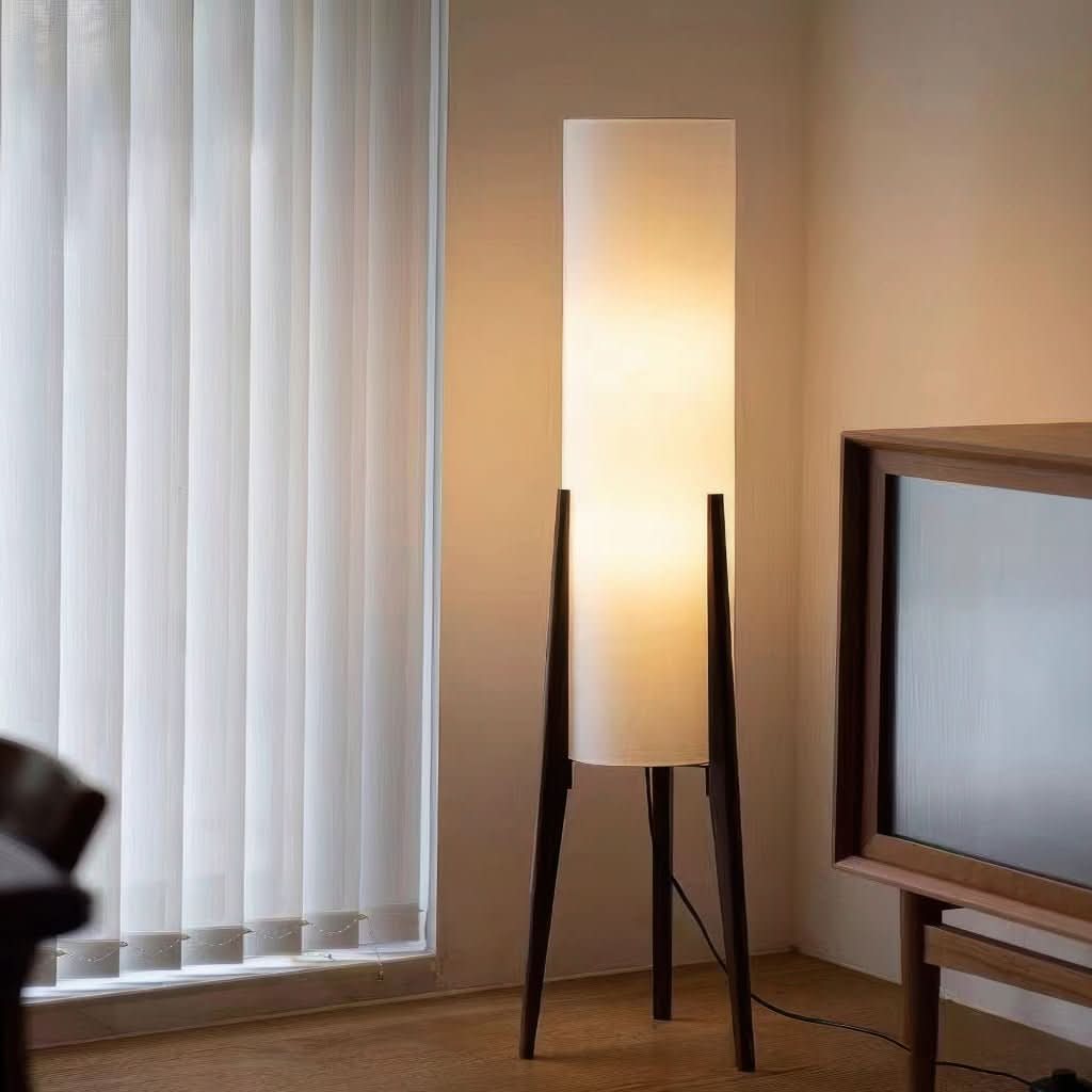 Scandinavian walnut floor lamp with dimmable LED and tall fabric shade