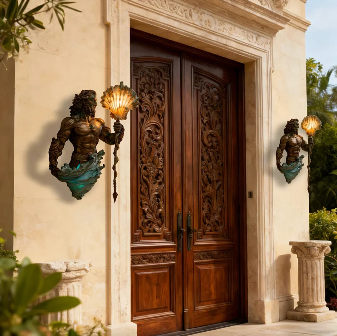 Sea-god wall lamp on a stone entrance wall