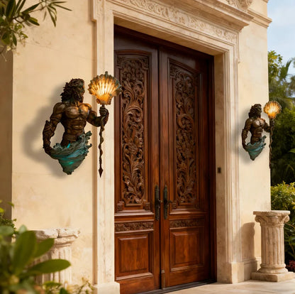 Sea-god wall lamp on a stone entrance wall