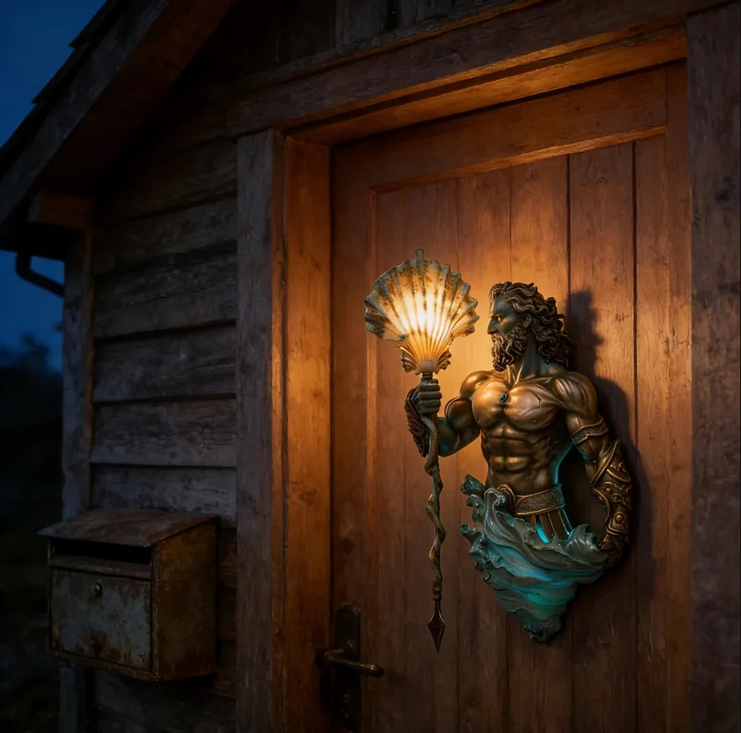 Warm illuminated sea-god lamp on a wood-panelled wall