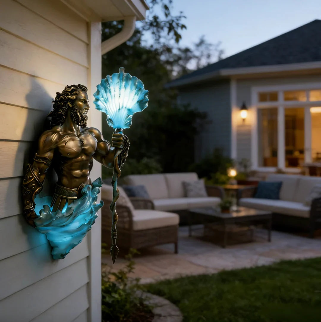 Sea-god wall lamp in an outdoor seating area