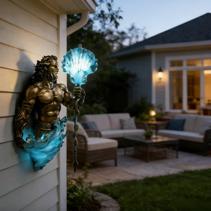 Sea-god wall lamp in an outdoor seating area