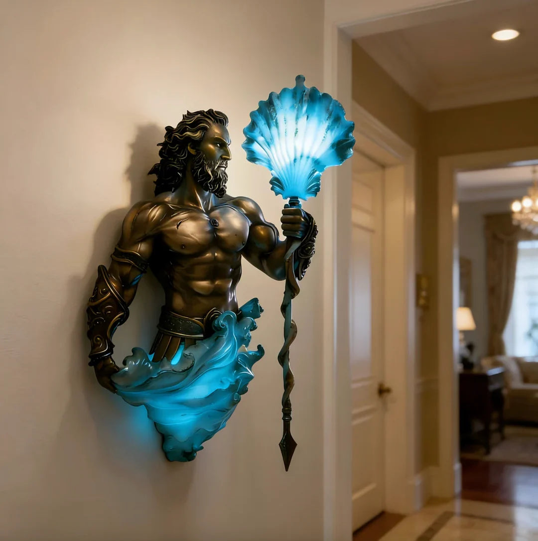 Sea-god sculpture light on an interior wall