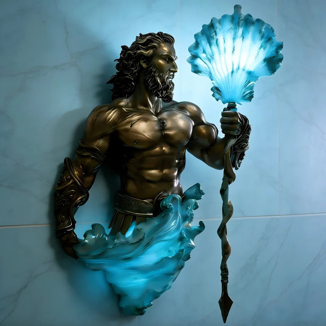 Bronze sea-god wall lamp with turquoise waves and blue shell light