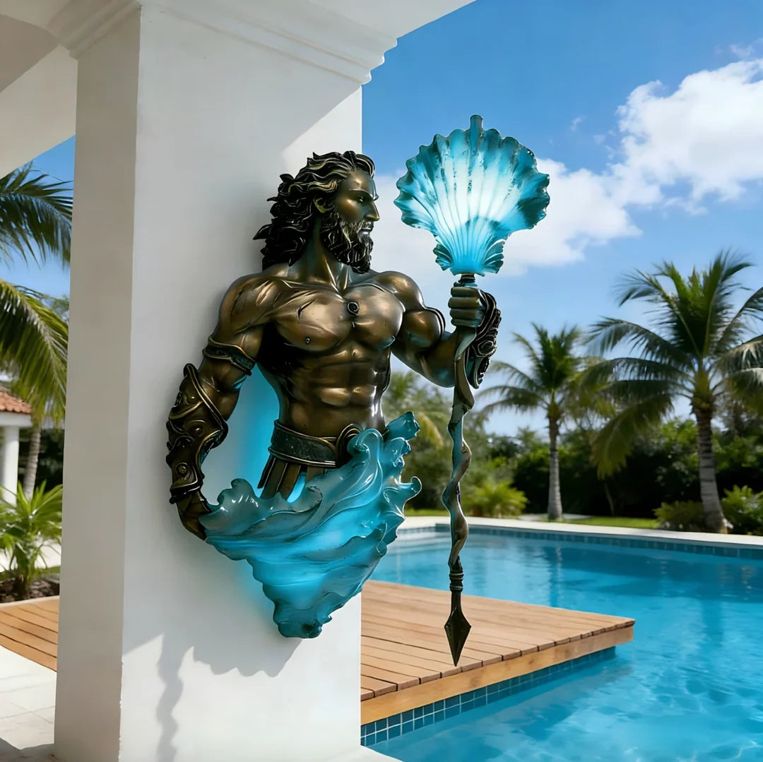 Sea-god lamp mounted on an outdoor wall