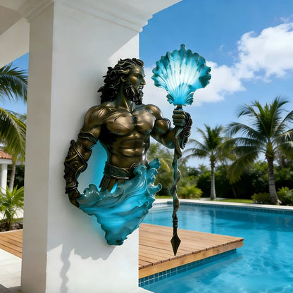 Sea-god lamp mounted on an outdoor wall