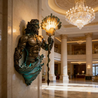 Sculptural sea-god wall light in an entryway