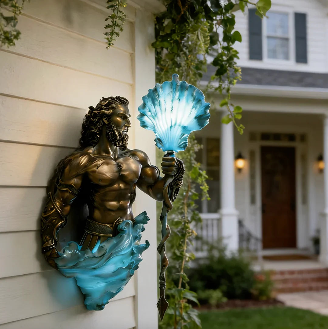 Sea-god wall lamp with blue glowing shell