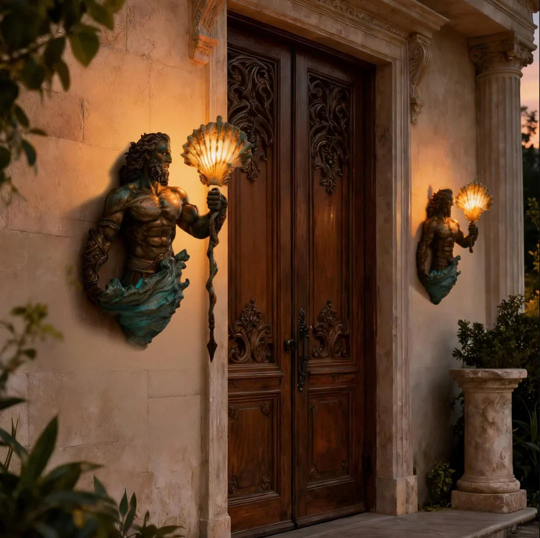 Sea-god wall lamps beside an entrance door