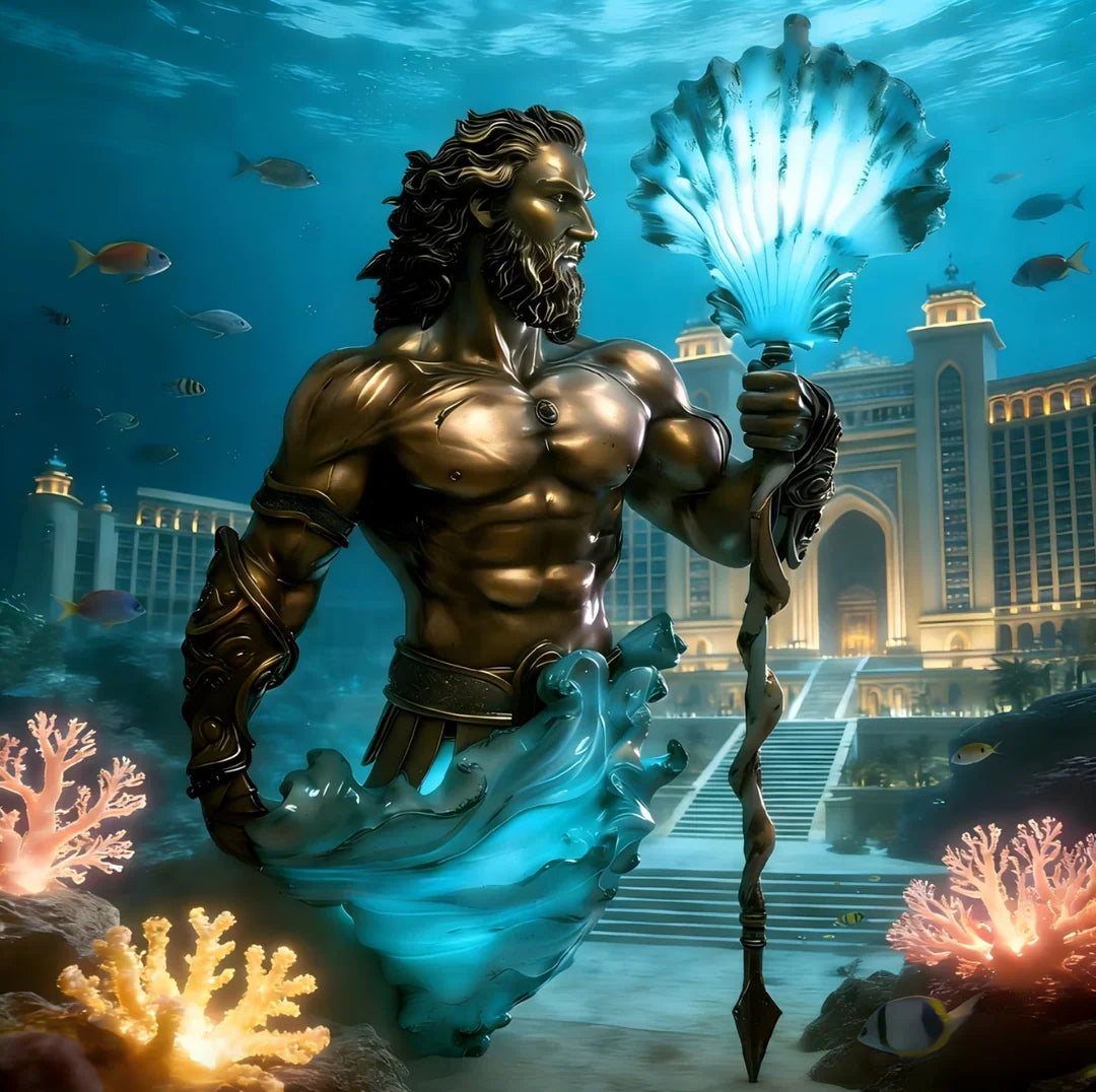 Sea-god lamp displayed against an ocean-themed backdrop