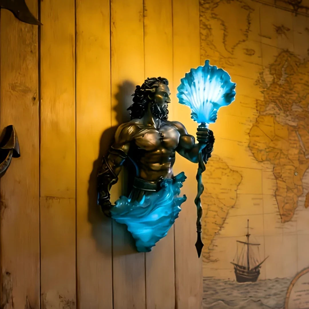 Bronze resin sea-god lamp with blue shell illumination