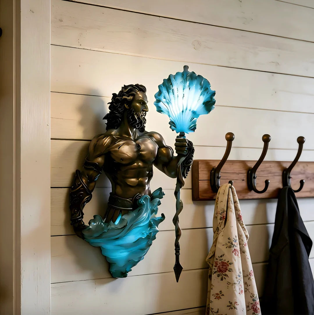 Nautical sea-god wall lamp beside coat hooks