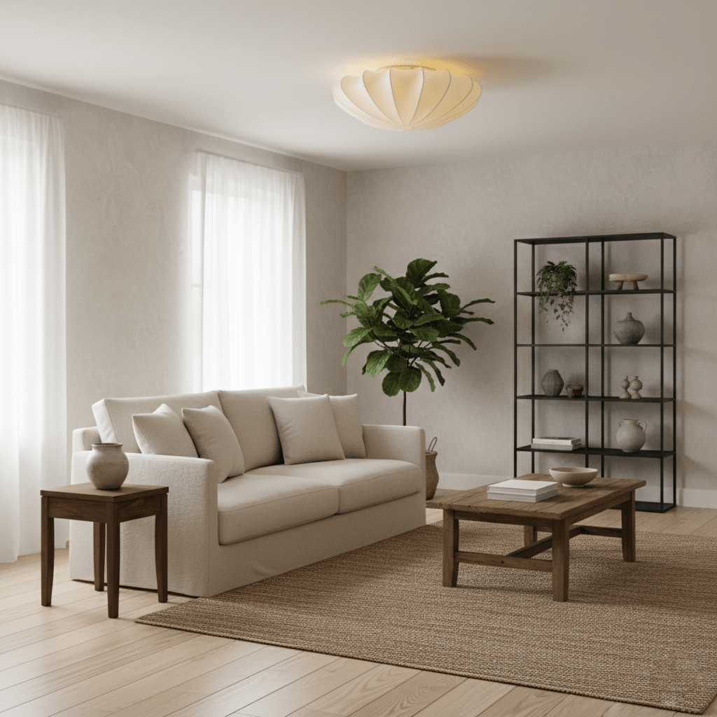 White silk shade ceiling light in a living room