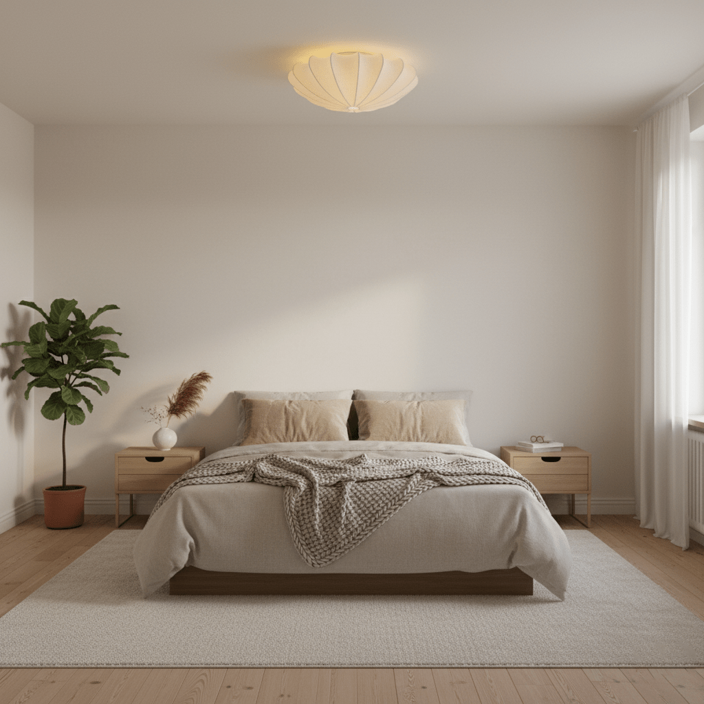 White silk shade ceiling light above a bedroom