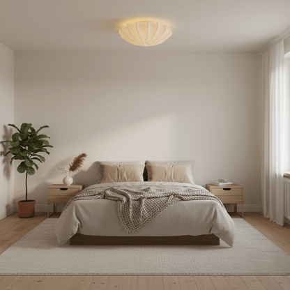 White silk shade ceiling light above a bedroom