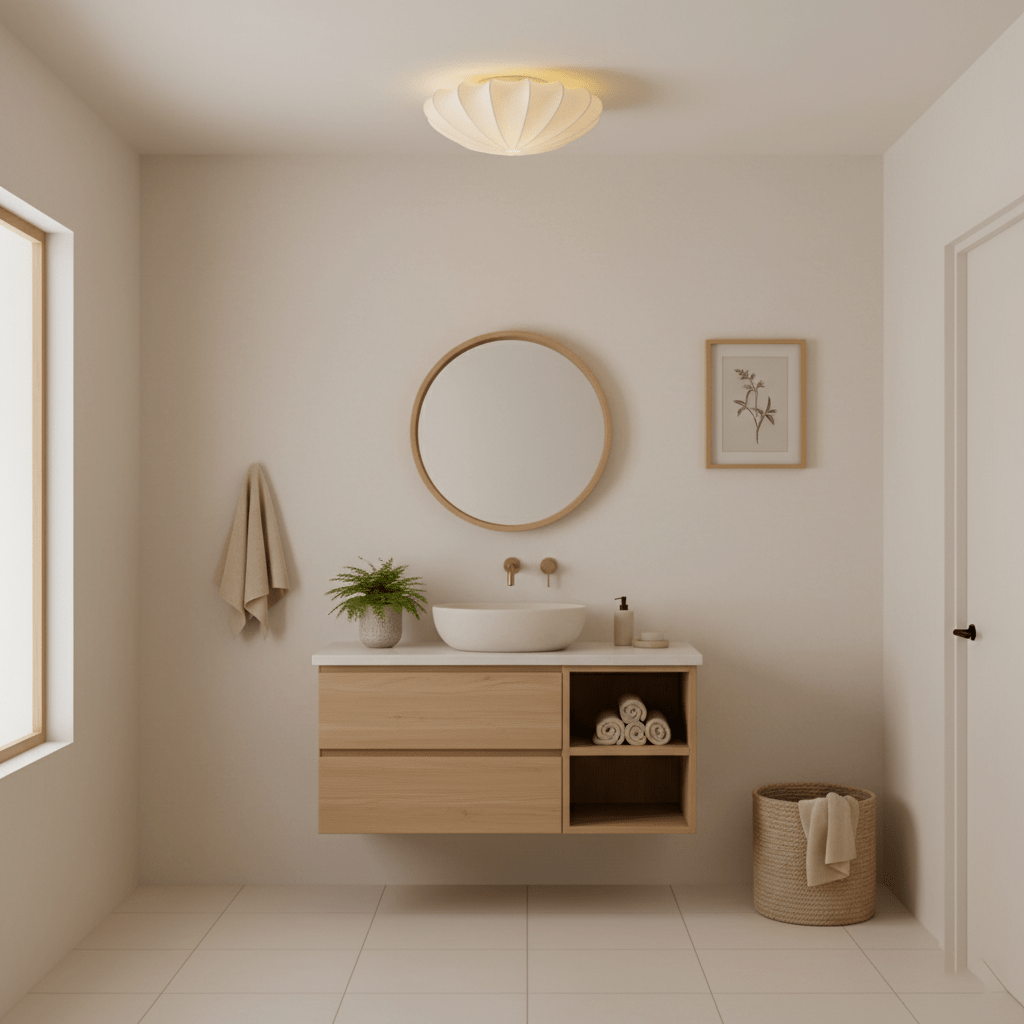White silk shade ceiling light in an indoor bathroom