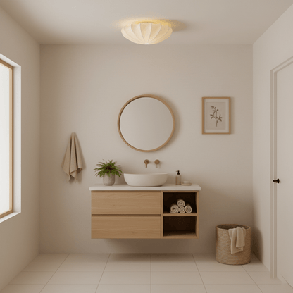 White silk shade ceiling light in an indoor bathroom