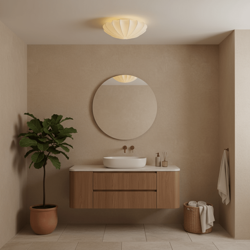 White silk shade ceiling light in a warm-lit room