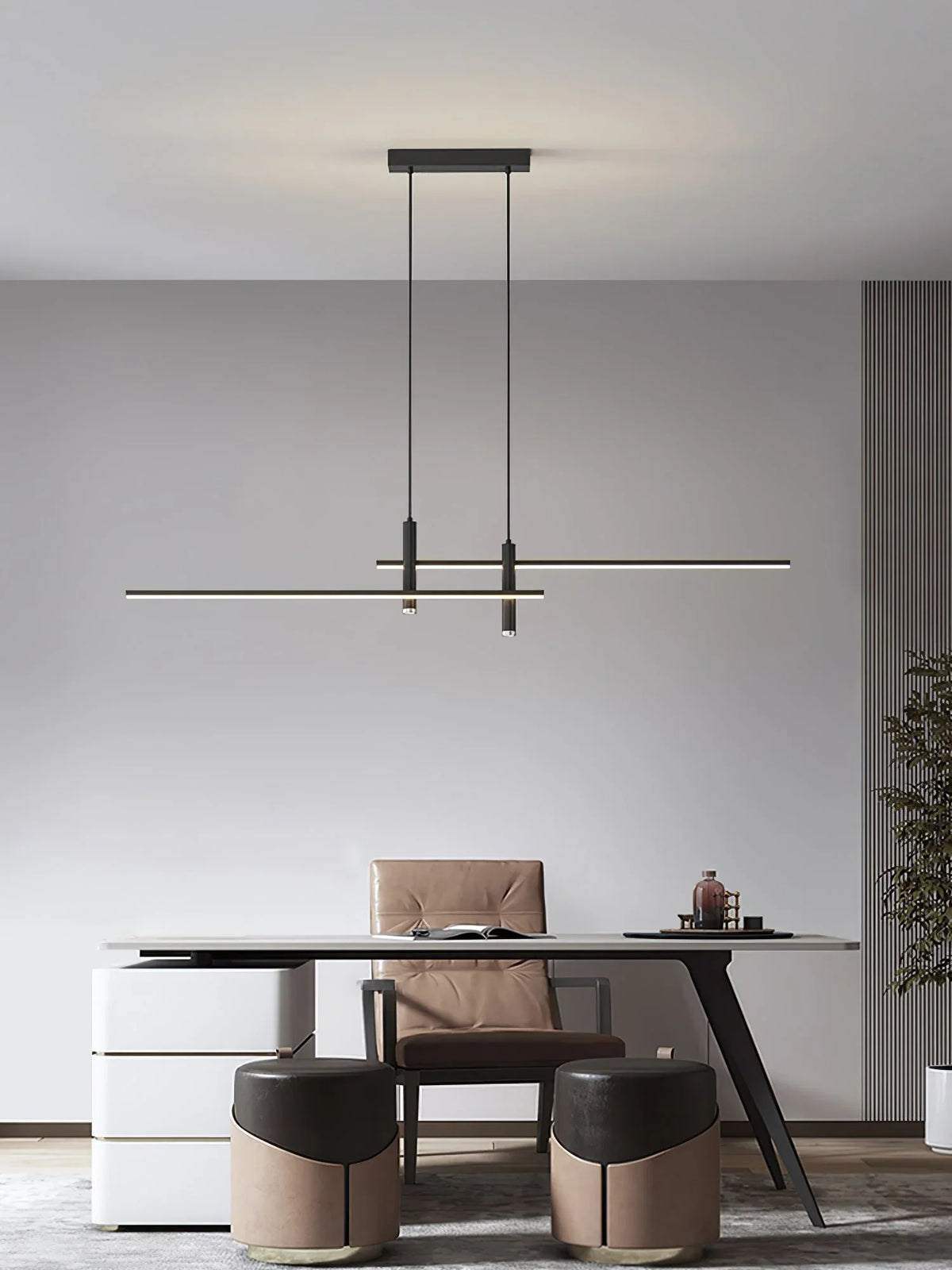 Slim linear LED pendant light in black with adjustable height