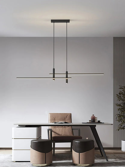 Slim linear LED pendant light in black with adjustable height