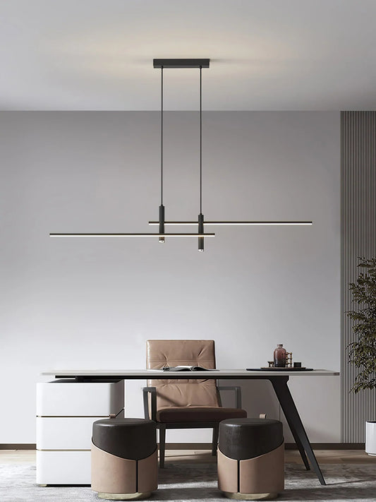 Slim linear LED pendant light in black with adjustable height
