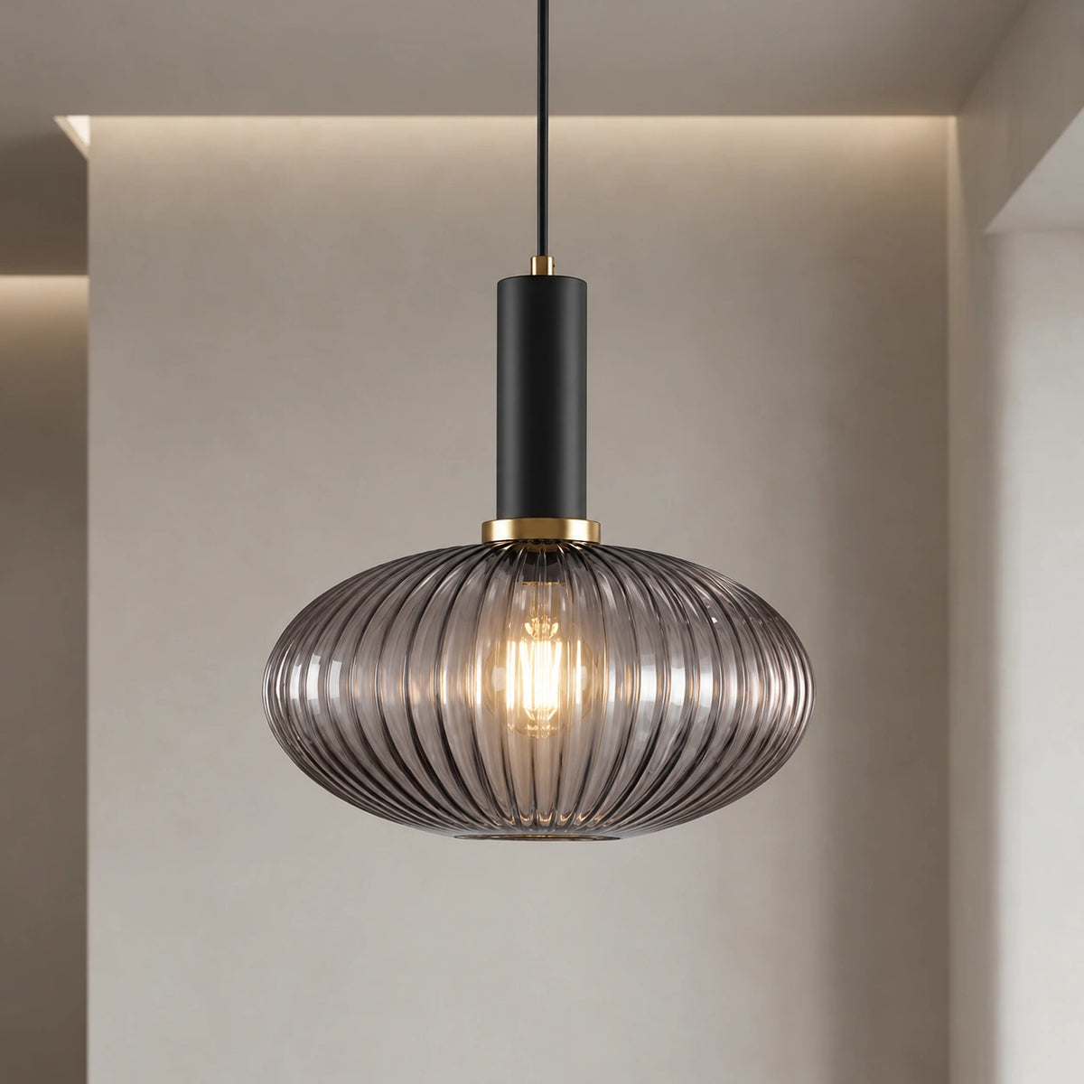 Ribbed Glass Pendant Light with Adjustable Cord