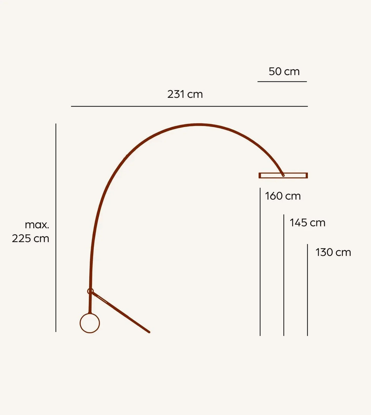 Arc floor lamp dimensions showing 231 cm reach and head-height settings