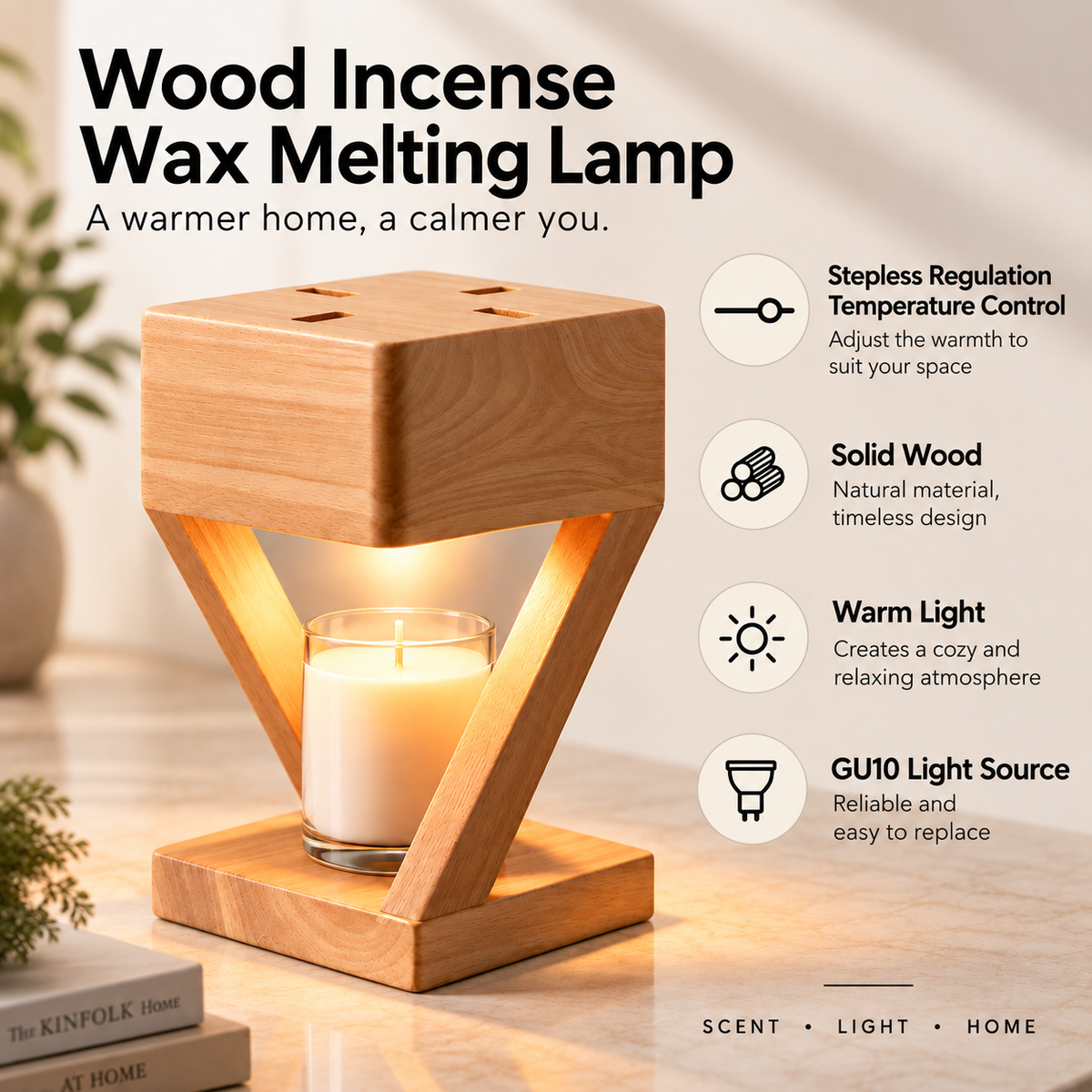 Solid oak candle warmer lamp with GU10 bulb