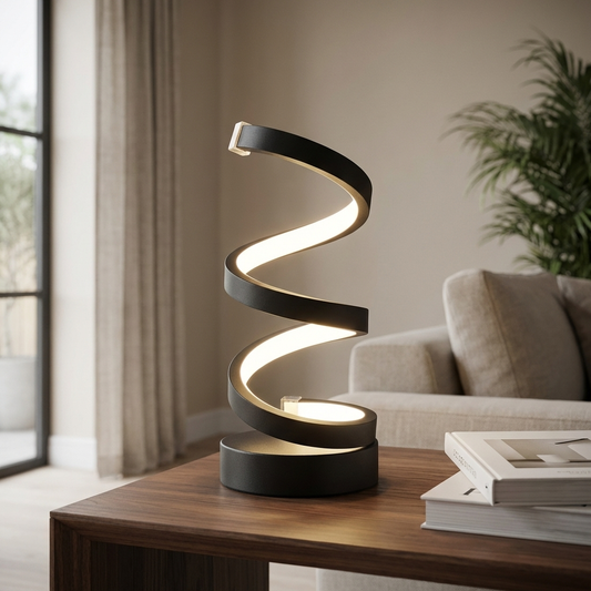 Black spiral LED table lamp with illuminated curved design