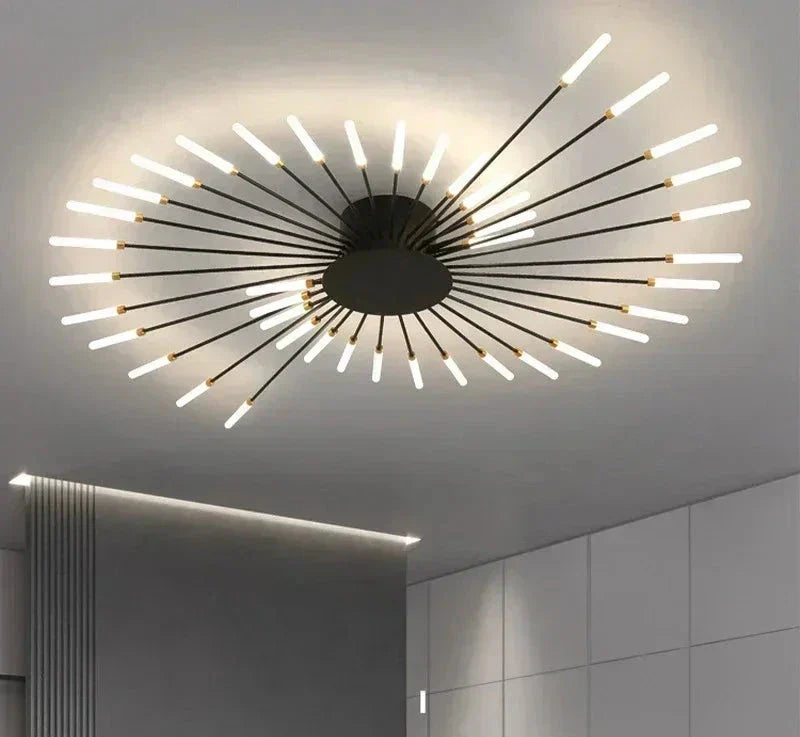 Black sunburst LED ceiling light with radiating arms