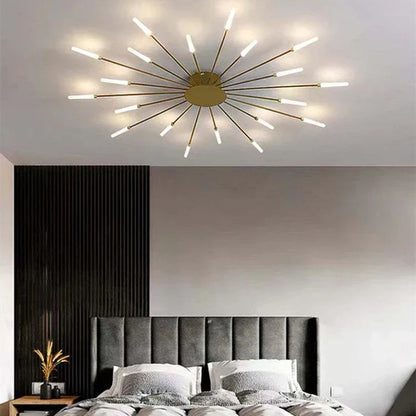 Gold sunburst LED ceiling light in a bedroom