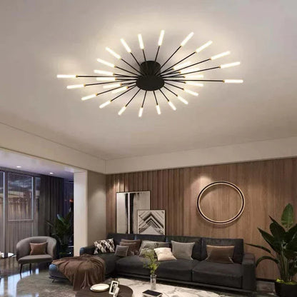 Black sunburst LED ceiling light in a living room