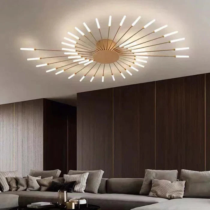 Large gold sunburst ceiling light in a living room