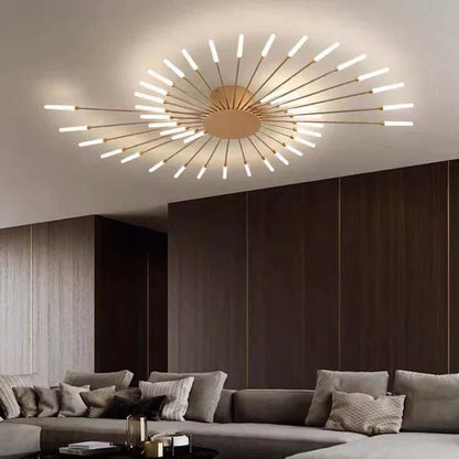 Large gold sunburst ceiling light in a living room